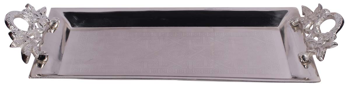 Buy in Bulk Wholesale Metal Decorative Tray - 18” Rectangular Silver Color - Hand-Etched Serving Tray with Decorative Aluminium Handles - Home Decor/Kitchen Essentials